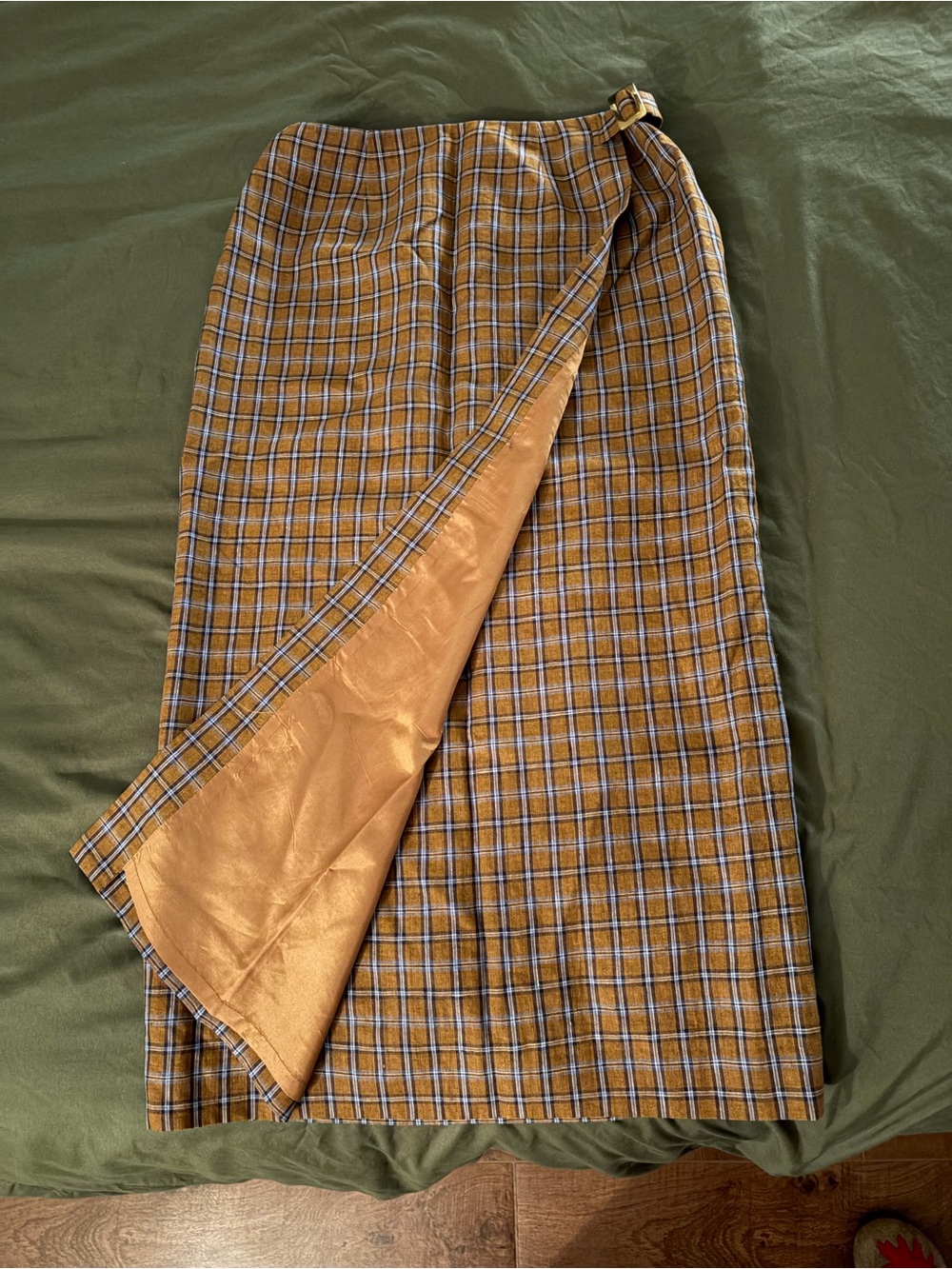 Casual Corner Mustard Plaid Maxi Wrap Skirt with Blue Accents